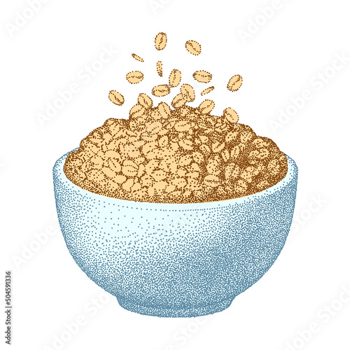 Granola bowl. Oatmeal breakfast cup, oat grain porridge. Cereal, healthy food diet, muesli flakes. Vector sketch. Realistic vintage illustration.