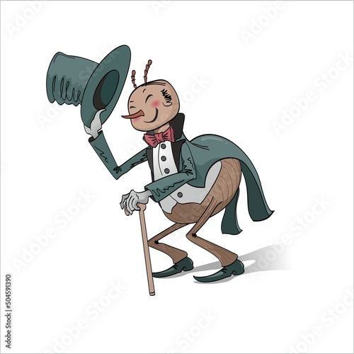 flea insect cartoon in ancient human clothes in a tailcoat and with a butterfly in shoes and with a walking stick takes off his top hat welcomes you