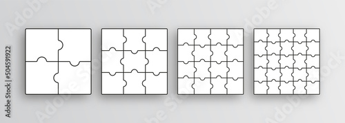 Puzzle grid set. Jigsaw outline templates. Simple mosaic layout with separate shapes. Set of thinking games. Modern puzzle background. Collection laser cut frames. Vector illustration.
