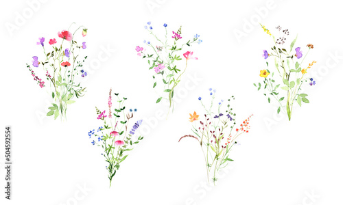 Beautiful watercolor wildflowers meadow bouquets, great summer design. Rustic floral illustration. Spring floral decor photo