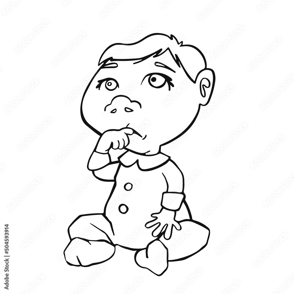 Little kid sits thoughtful, child vector