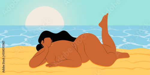 Girl naked, on the beach, sunbathing. Card. Vector illustration.