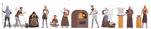 Medieval people set vector illustration. Cartoon knight warrior in armor, priest and beggar, family of peasants, blacksmith person in historic costumes isolated white. Middle age, fairytale concept