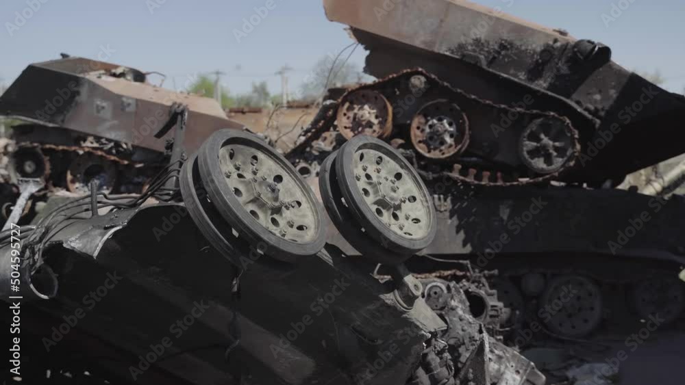 Rusty military equipment. War in Ukraine. City of Irpin. Broken enemy column. Rusty military equipment. War in Ukraine. City of Irpin. Broken enemy column.