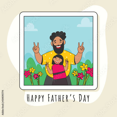 Happy Father's Day Greeting Card With Cheerful Man And His Daughter Giving Peace Sign On Square Frame And Beige Background.
