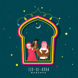 Eid Ul Adha Mubarak Greeting Card With Islamic Kids Holding Goat, Crescent Moon, Stars And Mosque Door Shape On Teal Green Background.
