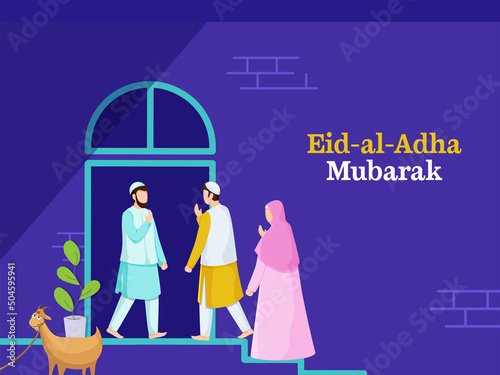 Eid Al Adha Mubarak Concept With Cartoon Islamic People Celebrating Together And Goat Animal On Violet Background.