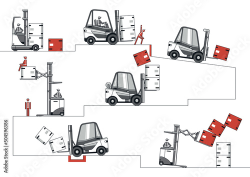 Forklift workplace hazards. Concept of safe forklift operation with potential hazards marked in red. Vector.