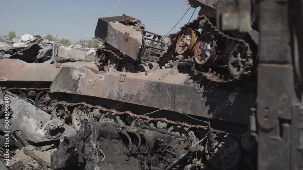 Rusty military equipment. War in Ukraine. City of Irpin. Broken enemy column.