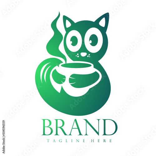 Coffee cup with cute cat logo design template vector illustration