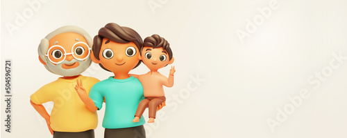 3D Illustration Of Man Holding Son In His Arms With Father Standing Together And Copy Space On White Background.