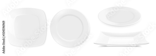 Realistic plates. White empty 3D dishes and bowls mockup, kitchen dining ceramic round tableware for food. Vector illustration isolated blank crockery set on transparent background photo