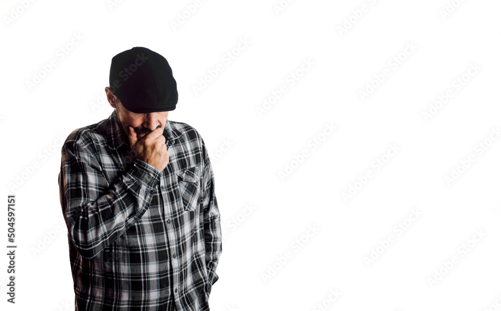 Man with doubtful and pensive attitude. Person with beret and plaid shirt on white background Man with doubtful and pensive attitude. Person with beret and plaid shirt on white background