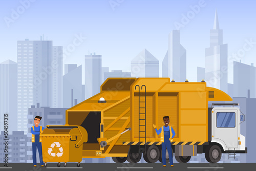 Garbage truck and workers of municipal service work on city street with buildings vector illustration. Cartoon dustman characters standing near trash container and dumpster lorry car background
