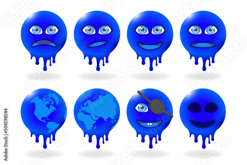 Set of vector funny emotional blue round drops with flowing trickles and planet Earth. Icons or stickers with emotions. Laughter, sadness, anger and indifference