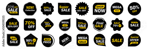 Shopping labels and tags with text. Sale, discount stickers. Labels for special offers. Promotional badge in black color. Vector illustration