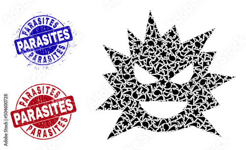 Round PARASITES rough badges with tag inside round forms, and detritus mosaic virus cell icon. Blue and red stamps includes PARASITES tag. Virus cell mosaic icon of debris items.
