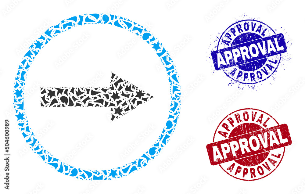 Round APPROVAL corroded seals with caption inside round forms, and debris mosaic right rounded arrow icon. Blue and red stamp seals includes APPROVAL text. Round APPROVAL corroded seals with caption inside round forms, and debris mosaic right rounded arrow icon. Blue and red stamp seals includes APPROVAL text.