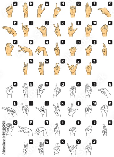 Asl alphabet hand american sign signal language letters finger spelling gesture symbol set deafness dumbness disability people cartoon vector design drawing abc art template illustration collection photo
