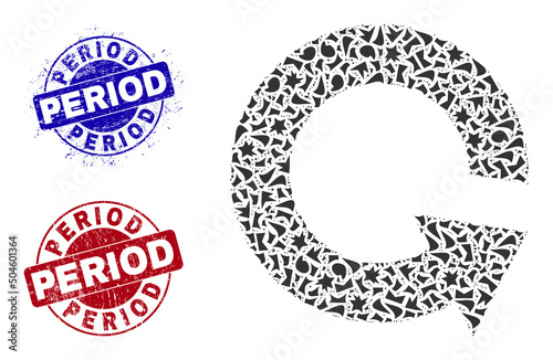 Round PERIOD rough stamp seals with text inside circle forms, and debris mosaic rotate ccw icon. Blue and red seals includes PERIOD text. Rotate ccw mosaic icon of debris elements.