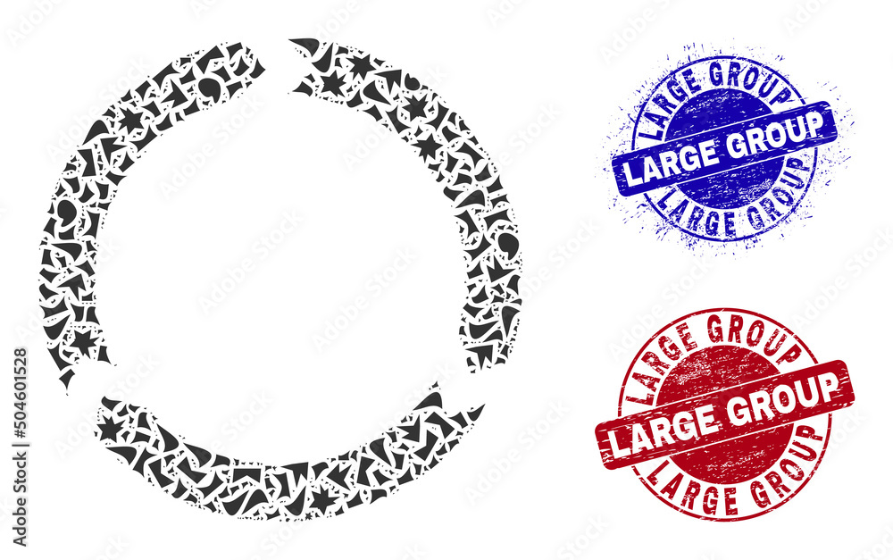 Round LARGE GROUP textured seals with word inside round shapes, and fragment mosaic rotation icon. Blue and red stamp seals includes LARGE GROUP caption. Rotation mosaic icon of debris particles. Round LARGE GROUP textured seals with word inside round shapes, and fragment mosaic rotation icon. Blue and red stamp seals includes LARGE GROUP caption. Rotation mosaic icon of debris particles.