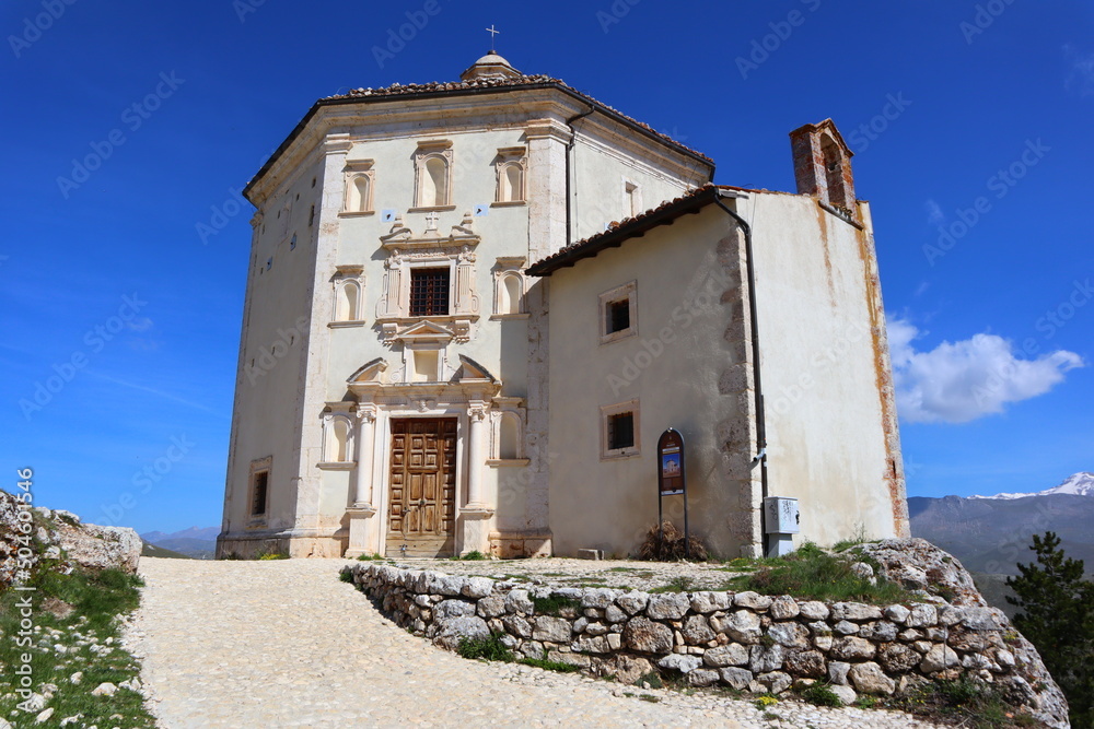 Santa Maria della Pietà Church near the fortress of Rocca Calascio. Santa Maria della Pietà is an octagonal church built in the XVII century located within the Gran Sasso National Park, Abruzzo, Italy