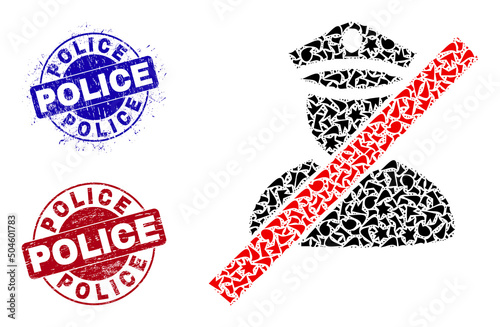 Round POLICE scratched stamp prints with tag inside round shapes, and shard mosaic wrong police man icon. Blue and red stamp seals includes POLICE tag.