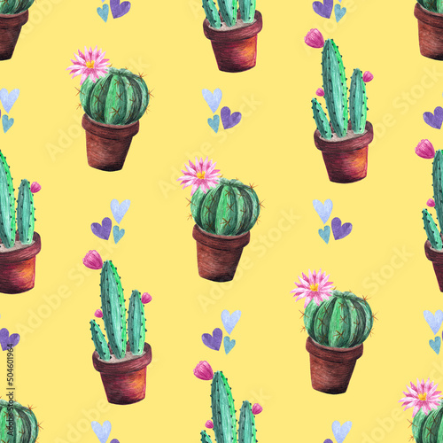 Seamless watercolor pattern of cactuses in brown pots on a yellow background with tiny hearts.Blooming cactuses with pink flowers  and orange thorns in a brown pot.