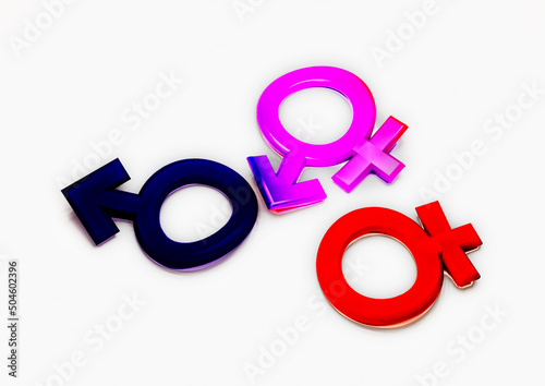 Dimensional man's and female signs on a white background. 3D render.