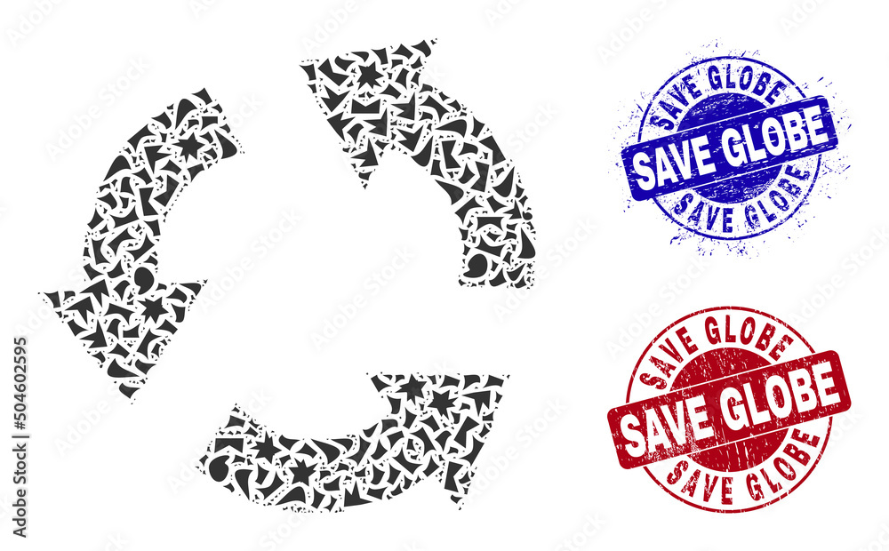 Round SAVE GLOBE dirty stamp seals with word inside round forms, and detritus mosaic recycle icon. Blue and red stamp seals includes SAVE GLOBE text. Recycle mosaic icon of debris items. Round SAVE GLOBE dirty stamp seals with word inside round forms, and detritus mosaic recycle icon. Blue and red stamp seals includes SAVE GLOBE text. Recycle mosaic icon of debris items.