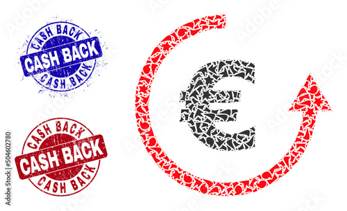 Round CASH BACK grunge stamp seals with text inside circle forms, and debris mosaic euro refund icon. Blue and red stamp seals includes CASH BACK caption.