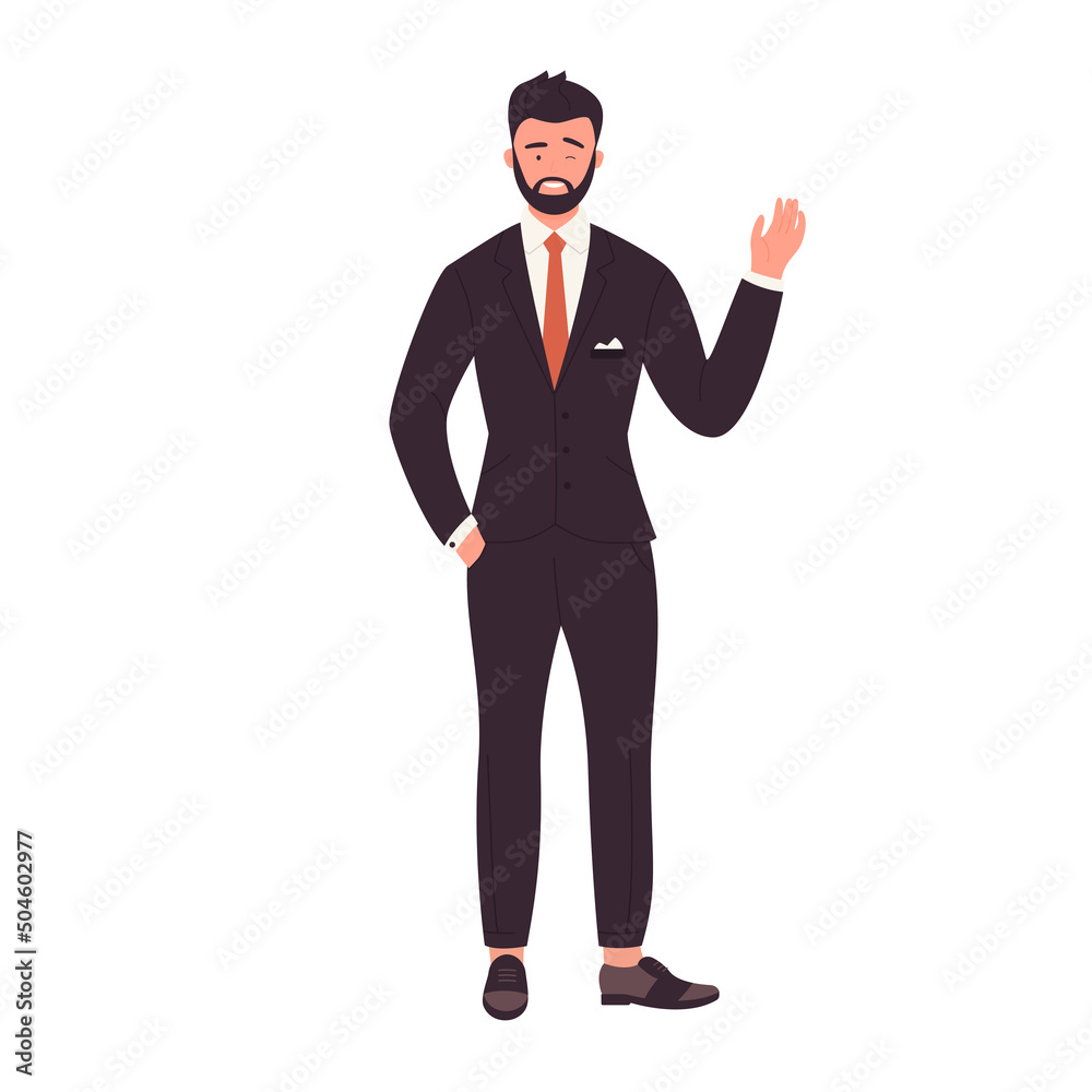 Standing businessman waving hello. Office worker in suit greeting gesture vector illustration