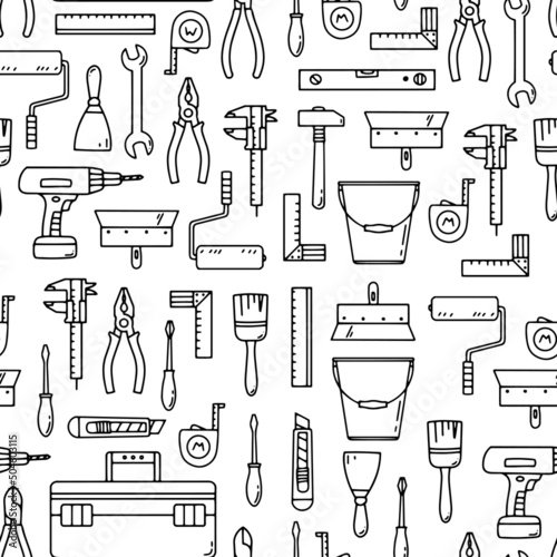 Seamless pattern with tools for construction and repair. Black on white. Line illustration