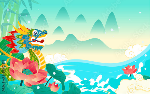 Dragon boat race  eating zongzi  traditional festival customs  vector illustration  Chinese translation  Dragon Boat Festival