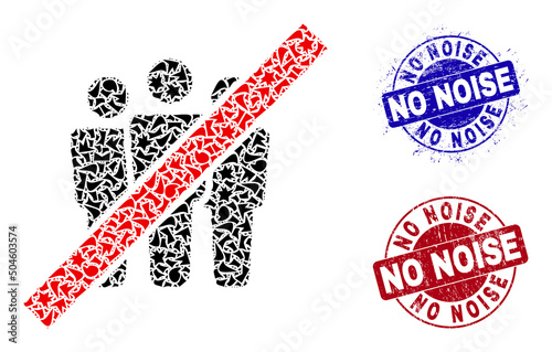 Round NO NOISE rough stamps with text inside round forms, and shard mosaic stop people icon. Blue and red stamps includes NO NOISE title. Stop people mosaic icon of debris parts.