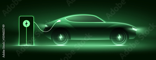 Electric car charging on the station, vector illustration. Green neon glowing EV vehicle filling up a battery. Modern hybrid SUV or sports car design with voltage symbol on the wheels.