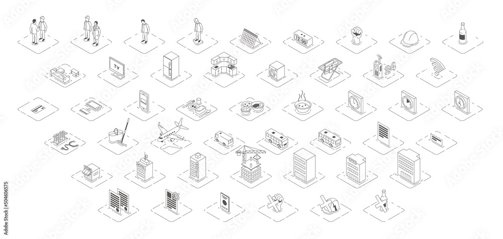 Set vector icons in isometry. Black white home icons. Business icons for website and animation. Stylish icon design. Icons of people and research. Collection of construction and food signs. Cute work