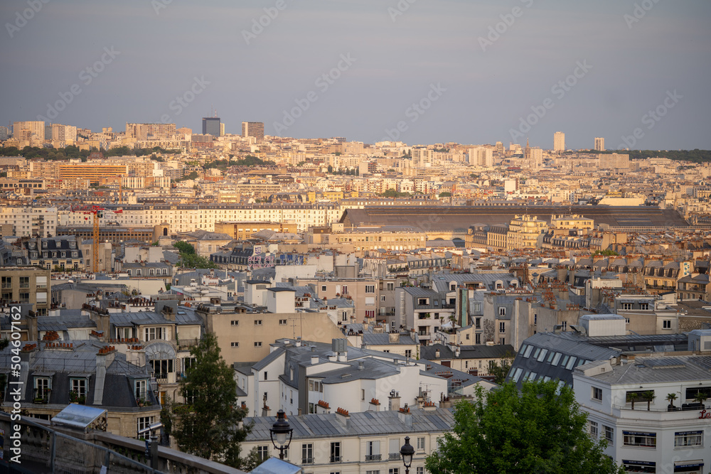 Landscape of Paris from Montmartre hills. Daylight shot
