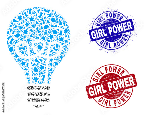 Round GIRL POWER rubber stamp seals with text inside round shapes, and fragment mosaic lamp bulb icon. Blue and red seals includes GIRL POWER text. Lamp bulb mosaic icon of spall elements.