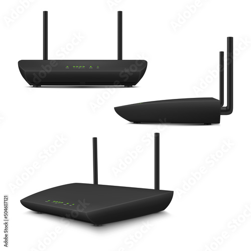 Black wi fi router front side view set realistic template vector wireless internet broadcasting