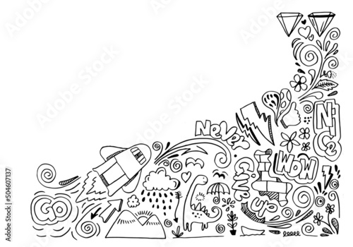 Creative art doodles hand drawn Design illustration with text never give up, wow, nice.