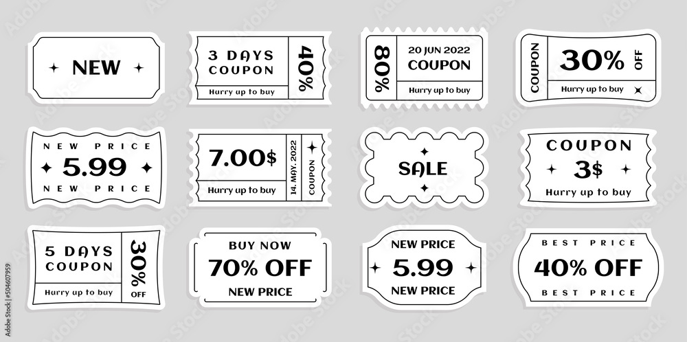 Set of vector tickets, price tags and coupons of unusual shapes, promotions with special discount offers
