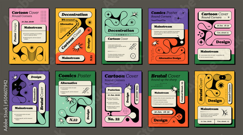 Set of posters with brutalistic forms. Speech bubbles, collection of cartoon comic book covers. Booklets with text boxesVector illustration