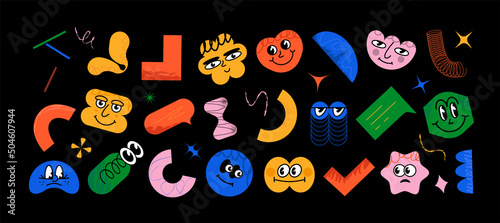 Set of vector big-eyed funny geometric objects of different shapes with emotions on the face. Random geometric figures in a trendy cartoon style.