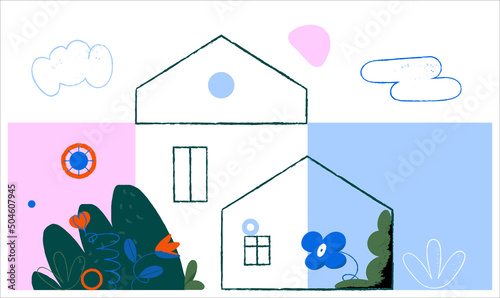 Doodle illustration of a country estate. Children's drawing of a house. Gardening of a personal plot. Pastel color palette, scandinavian manor style drawing. 