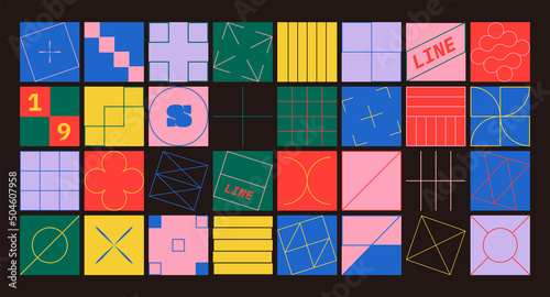 Set of simple geometric abstract thin line icons in a minimalist square shape design. Vector illustration