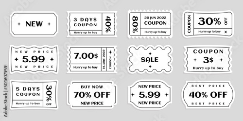 Set of vector tickets, price tags and coupons of unusual shapes, promotions with special discount offers photo