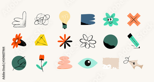collection of icons in scribble style on the subject of drawing, finding inspiration and the creative process. modern bold doodle shapes. Vector illustration