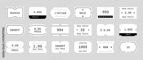 Set of price tags with special offers and discounts. Stickers of price reduction, limited stocks, sales. Minimalist coupon design in modern style.