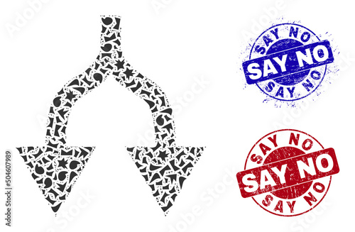 Round SAY NO grunge stamp seals with tag inside round shapes, and fragment mosaic split arrows down icon. Blue and red stamp seals includes SAY NO text.